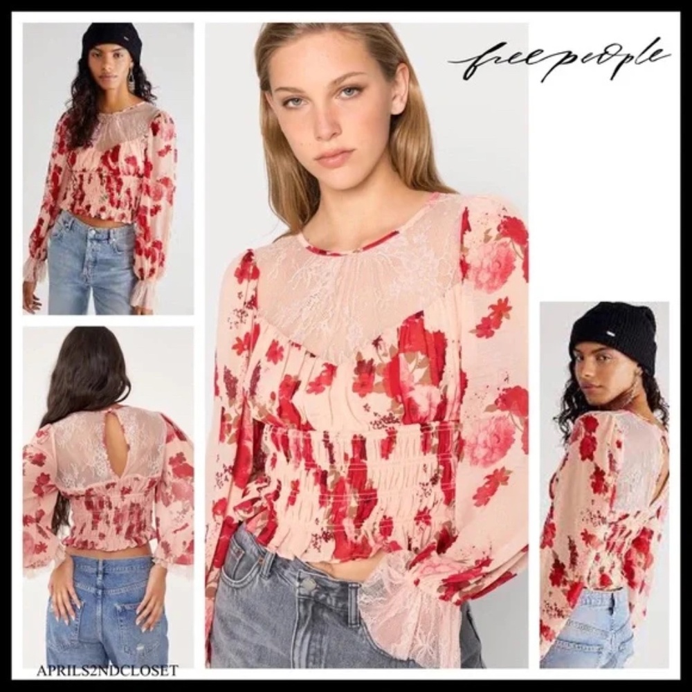 FREE PEOPLE BOHO BLOUSE FLORAL FESTIVAL PRINT LONG SLEEVES CROP TOP A3C - Picture 1 of 9